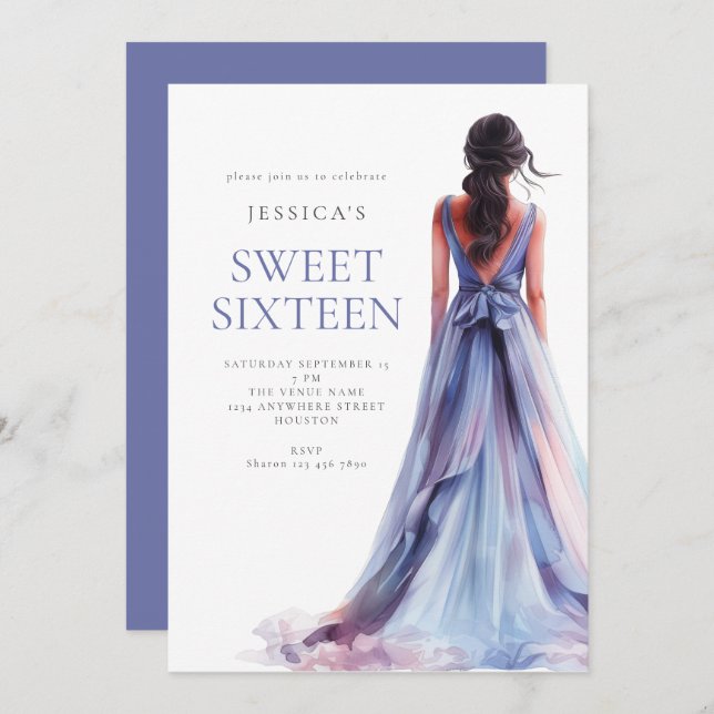 Flickan i Lilac Dress Sweet 16 Födelsedagsfester Inbjudningar (Fram/baksida)