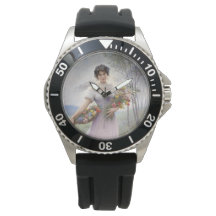 Flickan i Lilac Färgad Dress med en blomma Bouquet