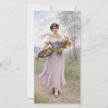 Flickan i Lilac Färgad Dress med en blomma Bouquet