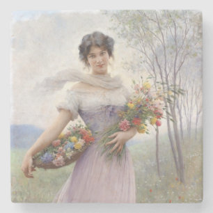 Flickan i Lilac Färgad Dress med en blomma Bouquet Stenunderlägg