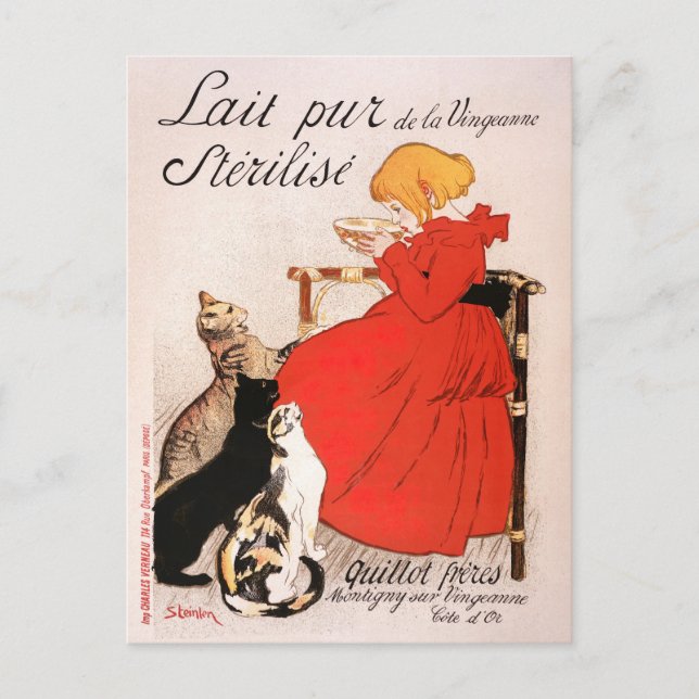 Flickan i Red Dress Drinking Mjölk Steinlen Poster Vykort (Framsida)