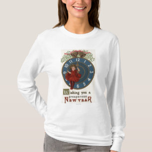 Flickan i röd sitta tar tid på på t-shirt