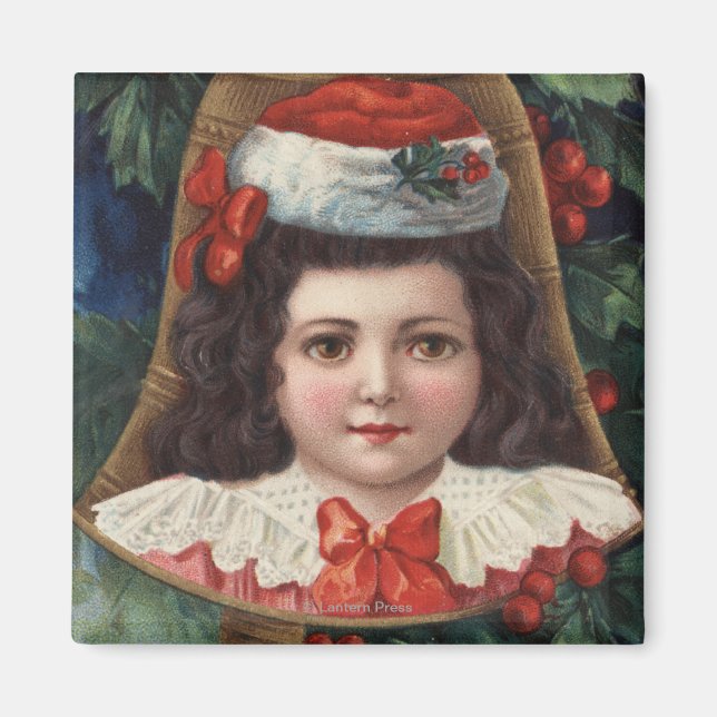 Flickan i Santa Hat i Bell Magnet (Framsidan)
