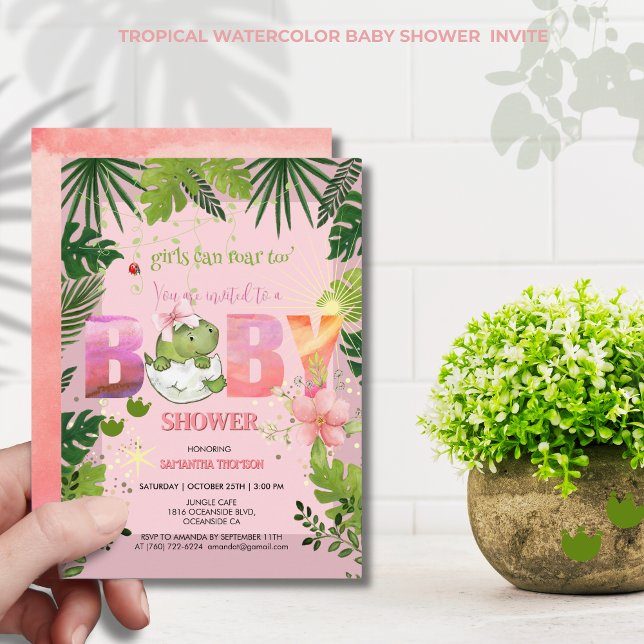 Flickan kan också snurra! Vattenfärgsdsinosaur Bab Inbjudningar (Girl Can Roar Too! Watercolor Dinosaur Baby Shower Invitation)