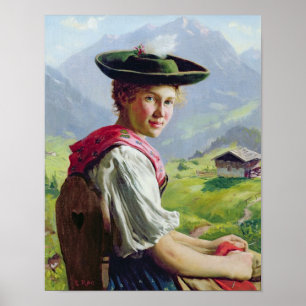 Flickan med en hatt i berg landskap poster