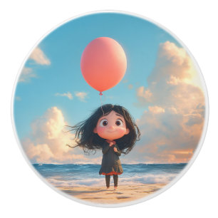 Flickan med en röd ballong i Sunset Beach Knopp