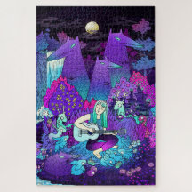 Flickan med ett vitt hår som spelar gitarr