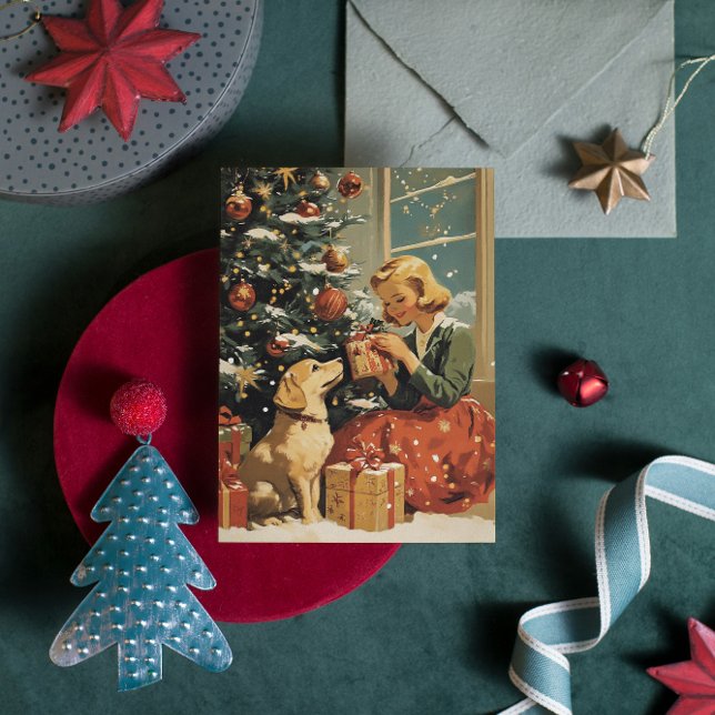 Flickan med Hund vid Julgran Vintagen Julkort (Skapare uppladdad)