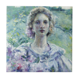 Flickan med Lila blommor (av Robert Reid) Kakelplatta