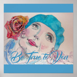 Flickan med Röd ros Beret Watercolor Poster
