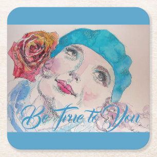 Flickan med Röd ros Beret Watercolor Underlägg Papper Kvadrat