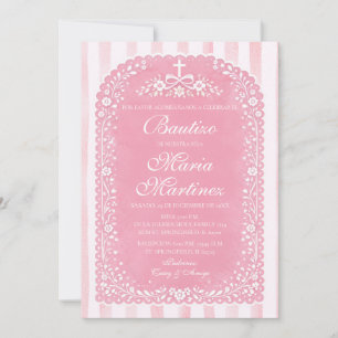Flickan med rosa ränder spansk Bautizo Papel Picad Inbjudningar