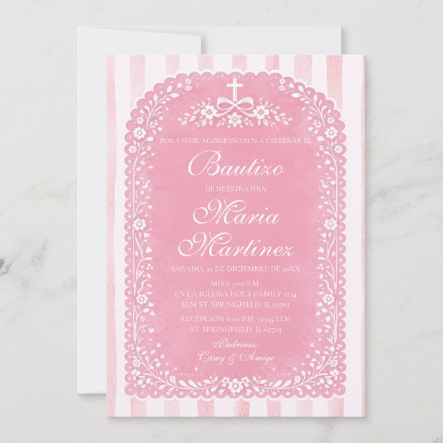 Flickan med rosa ränder spansk Bautizo Papel Picad Inbjudningar (Framsida)