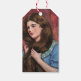 Flickan med vacker, lång brun luft presentetikett