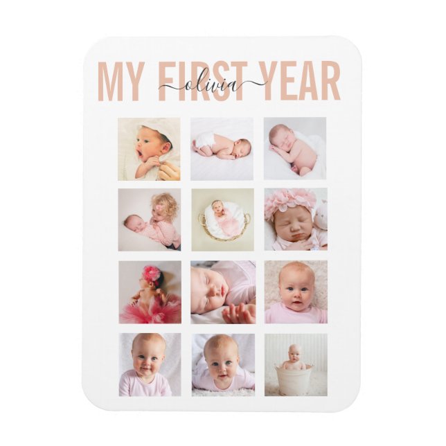 Flickan mitt första år Baby Namn 12 Photo Collage Magnet (Vertikal)