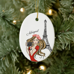 Flickan och Eiffel Torn Black, Red Jul Julgransprydnad Keramik