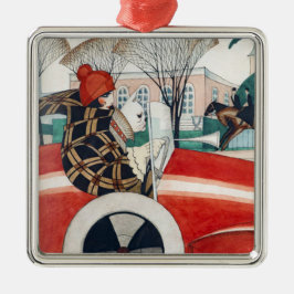 Flickan och en Pug-Hund i en röd bil Julgransprydnad Metall