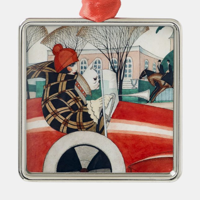 Flickan och en Pug-Hund i en röd bil Julgransprydnad Metall (Framsidan)