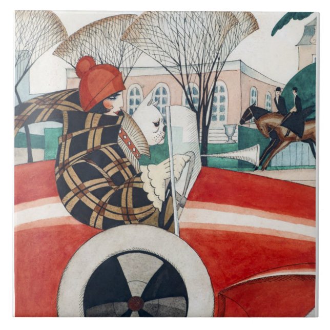 Flickan och en Pug-Hund i en röd bil Kakelplatta (Framsidan)