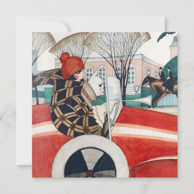 Flickan och en Pug-Hund i en röd bil Kort (Framsida)