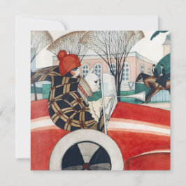 Flickan och en Pug-Hund i en röd bil Kort