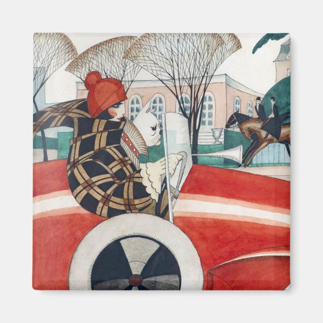 Flickan och en Pug-Hund i en röd bil Magnet (Framsidan)