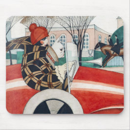 Flickan och en Pug-Hund i en röd bil Musmatta