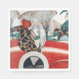 Flickan och en Pug-Hund i en röd bil Pappersservett