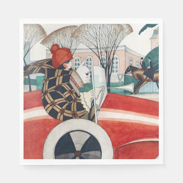 Flickan och en Pug-Hund i en röd bil Pappersservett (Framsidan)