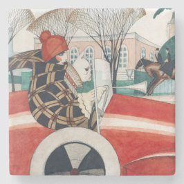 Flickan och en Pug-Hund i en röd bil Stenunderlägg