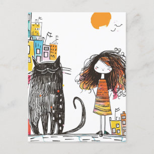 Flickan och Giant Black Cat i staden Vykort