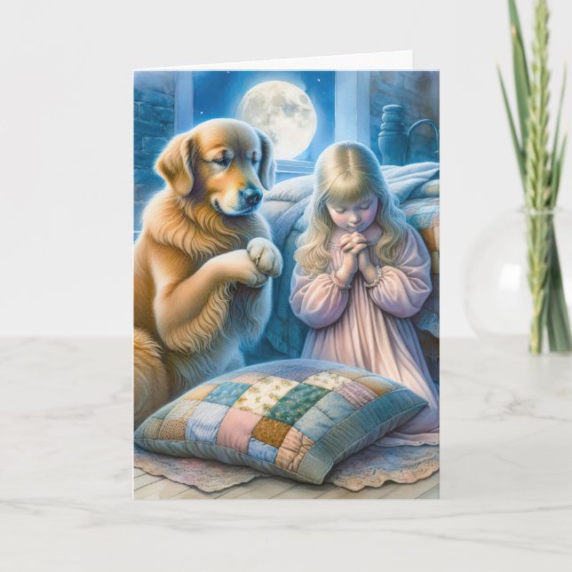 Flickan och Golden Retriever som ber dig tänka på  Kort (Framsida)