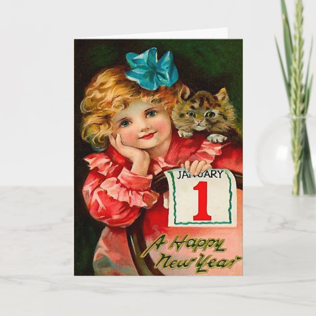 Flickan och katten - nytt år Hälsning-vykort Helgkort (Framsida)