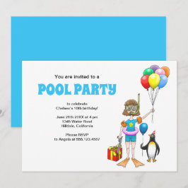 Flickan och Penguins Bassäng Party Inbjudningar