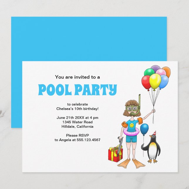 Flickan och pingvinens poolparty inbjudningar (Fram/baksida)