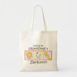 Flickan och pojken som går till mormodern, hänger tygkasse