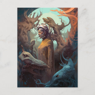 Flickan omringad av främmande monster Surreal Art Vykort