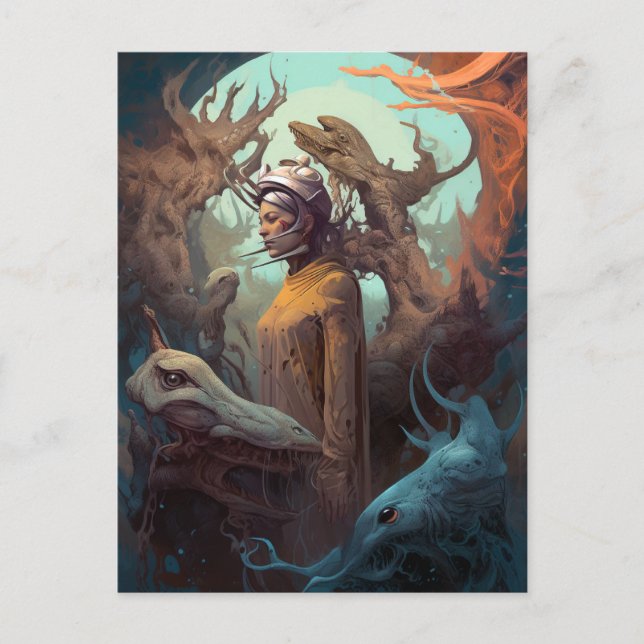 Flickan omringad av främmande monster Surreal Art Vykort (Framsida)