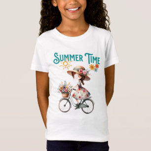 Flickan på Bicycle med Flowers Summer T Shirt