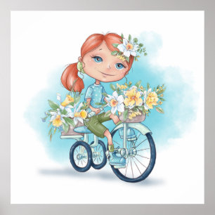 Flickan på Bike with Flowers Poster