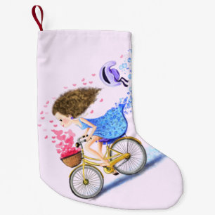 Flickan på en bike-jul som lagrar Romantic Kärlek Liten Julstrumpa