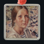 Flickan på en Rocky Beach Julgransprydnad Metall<br><div class="desc">Den här utformningen har en vintage av den ryska konstnären Kuzma Petrov-Vodkin (1878-1939). Det är en porträtt av en tjej på en bergsstrand. Det finns många små småstarna, sten och stenar på stranden i bakgrunden, bakom flickan. Flickan har blå ögon och brunetthår med svansar. Hon bär en blå och vit...</div>