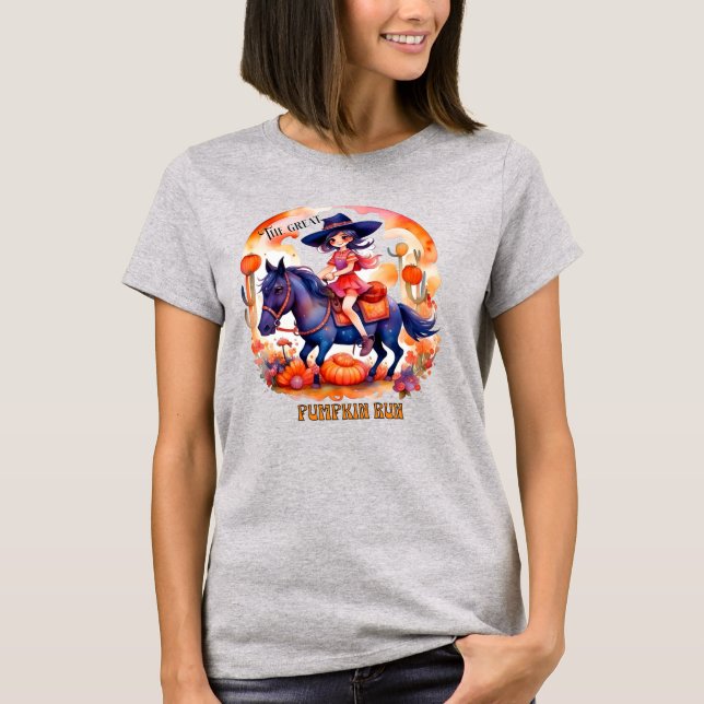 Flickan på Horse Underbar Pumpkin Springa Hallowee T Shirt (Framsida)