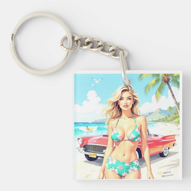 Flickan på stranden med en klassisk bil (Framsidan)