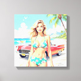 Flickan på stranden med en klassisk bil canvastryck