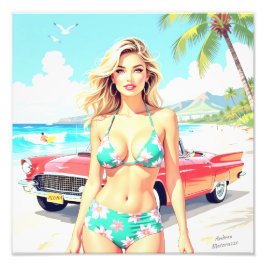 Flickan på stranden med en klassisk bil fototryck