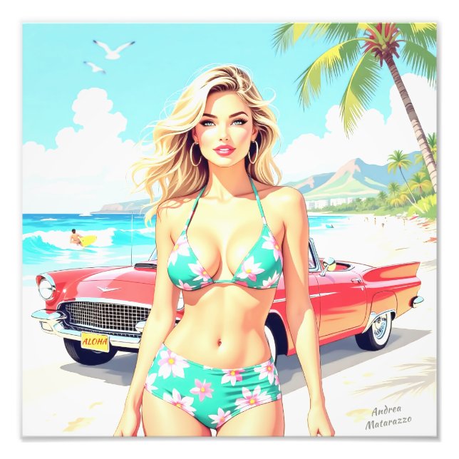 Flickan på stranden med en klassisk bil fototryck (Framsidan)