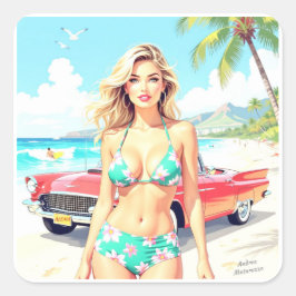 Flickan på stranden med en klassisk bil fyrkantigt klistermärke
