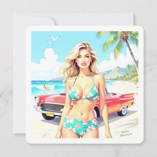 Flickan på stranden med en klassisk bil julkort (Framsida)