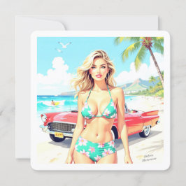 Flickan på stranden med en klassisk bil julkort
